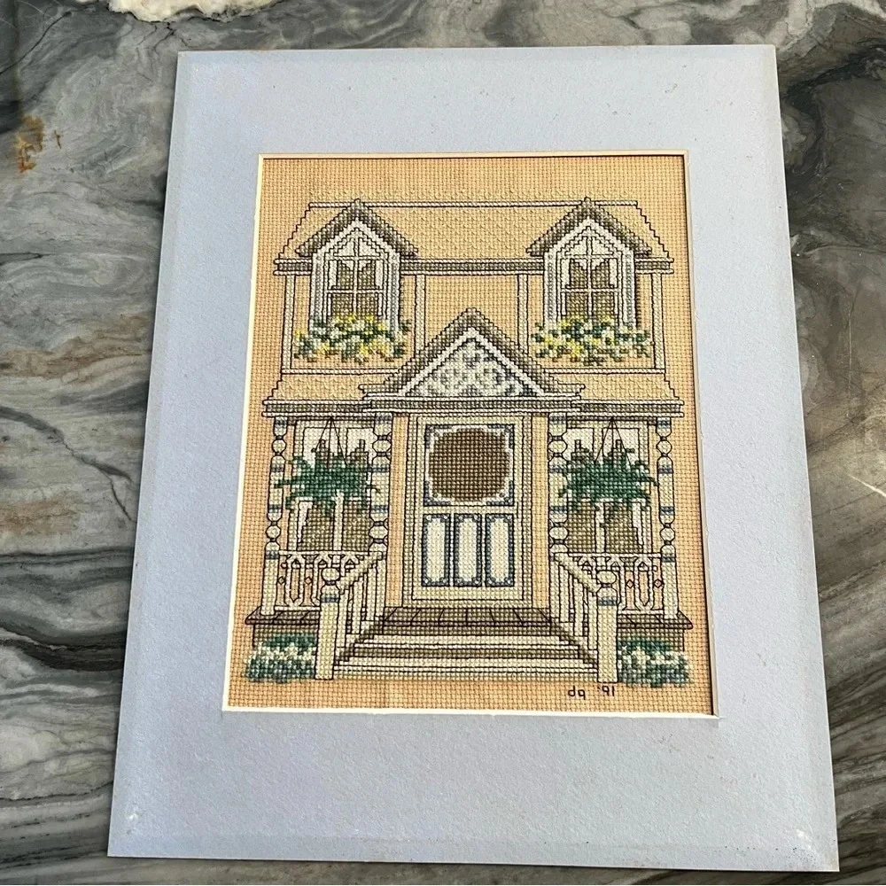 Vintage Cross Stitch Victorian House With Ferns Signed Dated - Picture 2 of 11